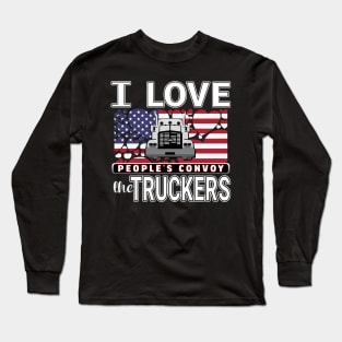 I LOVE THE TRUCKERS - PEOPLES CONVOY USA FLAG OF HEARTS WHITE LETTERS Long Sleeve T-Shirt